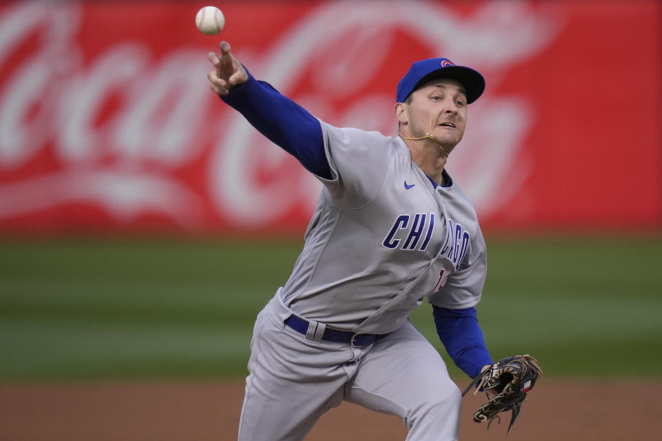 Chicago Cubs pitcher Hayden Wesneski throws against the Oakland Athletics during the first inning of a baseball game in Oakland, Calif., Monday, April 17, 2023. (AP Photo/Godofredo A. Vásquez)