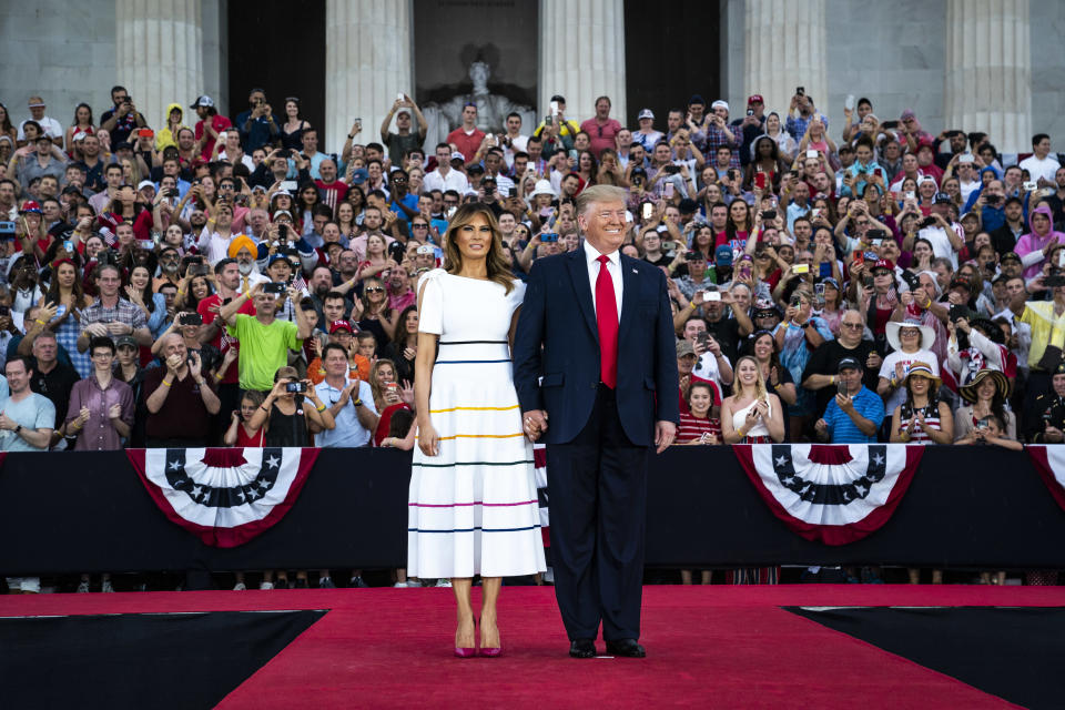 WASHINGTON, DC - JULY 4 : President Donald J. Trump and First Lady Melania Trump Arrive to participate in an Independence Day Fourth of July Celebration 'Salute to America' event in front of the Lincoln Memorial on the National Mall on Thursday, July 4th, 2019 in Washington, DC. (Photo by Jabin Botsford/The Washington Post via Getty Images)