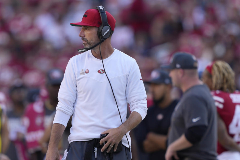 San Francisco 49ers head coach Kyle Shanahan walks on the sideline during the second half of an NFL football game against the Seattle Seahawks in Santa Clara, Calif., Sunday, Oct. 3, 2021. (AP Photo/Tony Avelar)