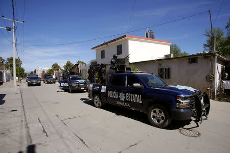 State police patrol ahead of the visit of Mexico's President Andres Manuel Lopez Obrador to Badiraguato, in the Mexican state of Sinaloa, Mexico February 15, 2019. REUTERS/Daniel Becerril