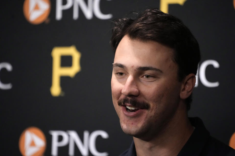 Pittsburgh Pirates' Paul Skenes meets with reporters before a baseball game against the Chicago Cubs in Pittsburgh, Friday, May 10, 2024. Skenes will make his Major League debut Saturday against the Cubs. (AP Photo/Gene J. Puskar)
