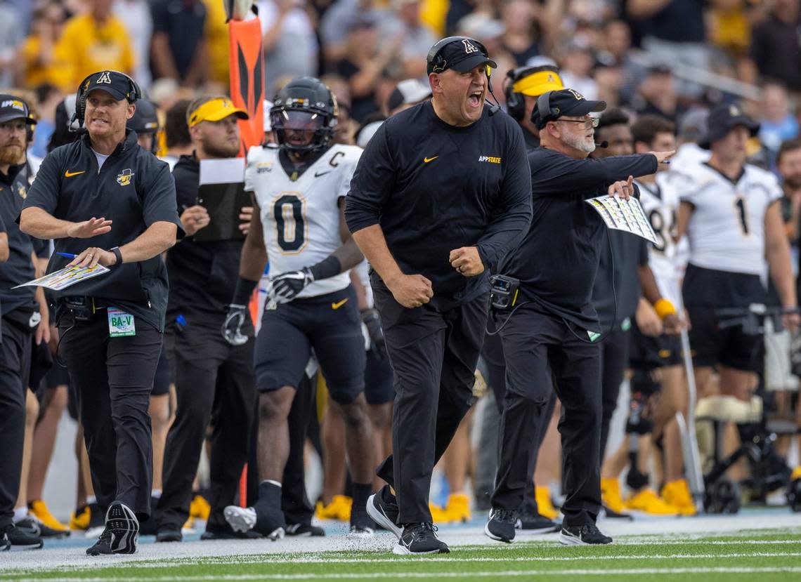 Appalachian State coach Shawn Clark reacts after a defensive stop in the first quarter against North Carolina on Saturday September 9, 2023 at Kenan Stadium in Chapel Hill, N.C.