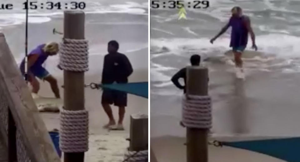 Two photos of men catching a shark and one man hitting it with a hammer, before releasing it back into the ocean at a Florida beach.