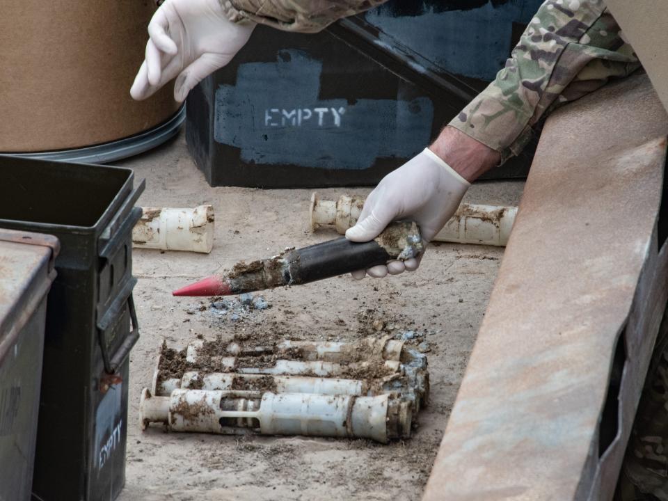 US Air Force National Guard Explosive Ordnance Disposal Technicians safely prepare several contaminated and compromised depleted uranium rounds on June 23, 2022 at Tooele Army Depot, UT.