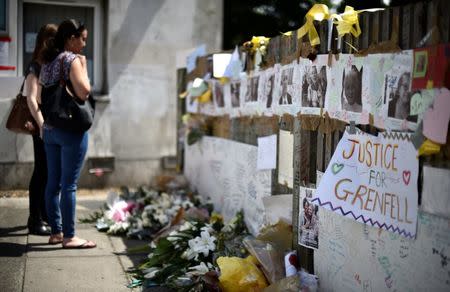 Women look at flowers, tributes and messages left for the victims of the fire at the Grenfell apartment tower in North Kensington, London, Britain, June 23, 2017. REUTERS/Hannah McKay