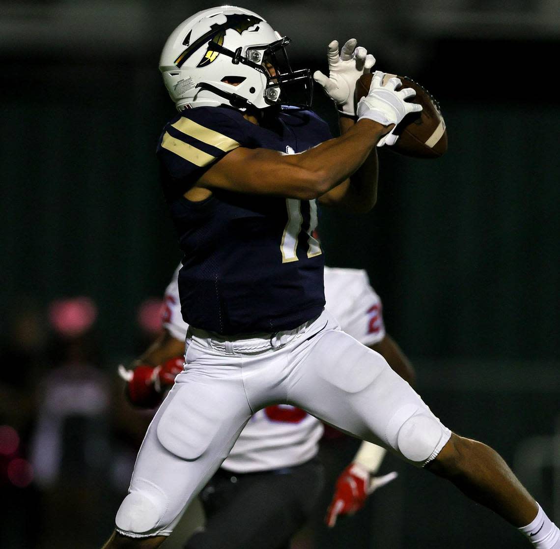 Keller receiver Amarion Henry (11) comes up with a 45 yard touchdown reception against Skyline during the first half of a high school football game, October 15, 2020 played at Keller ISD Stadium in Keller, Tx. (Steve Nurenberg Special to the Star-Telegram)