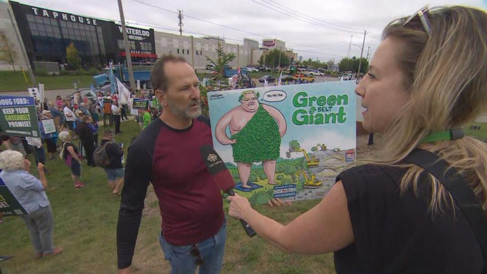 Mike Nagy, a founder of Wellington Water Watchers, spoke to CBC's Lorenda Reddekopp at the protest outside of Ford Fest in Kitchener on Friday.