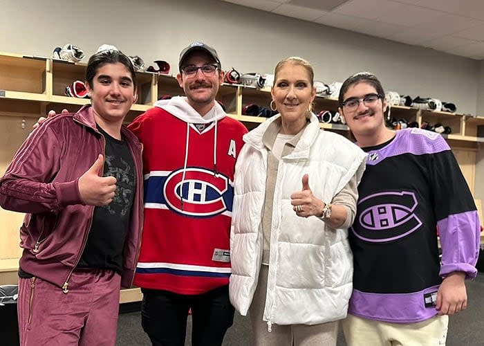 Celine Dion con sus hijos en un partido de hockey 