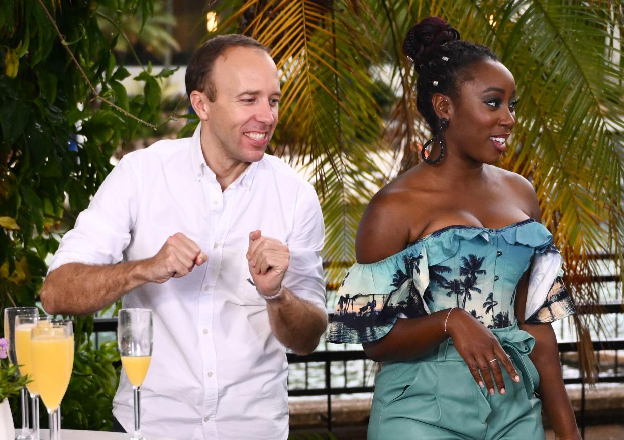 Matt Hancock and Scarlette Douglas dance in the I'm a Celebrity... Get Me Out of Here!' Coming Out Show. (ITV/Shutterstock)