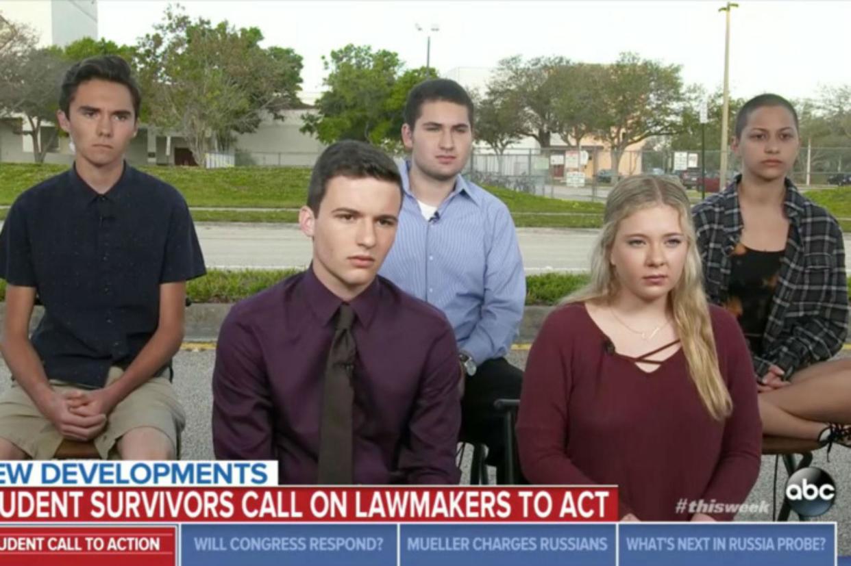 From left to right, Stoneman Douglas students David Hogg, Cameron Kasky, Alex Wind, Jaclyn Corin, and Emma Gonzalez: Screencap/ABC News