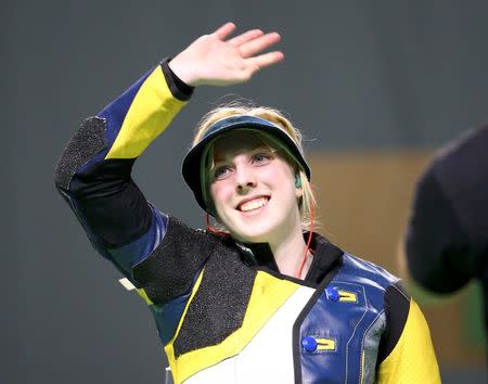 2016 Rio Olympics - Shooting - Final - Women's 10m Air Rifle Finals - Olympic Shooting Centre - Rio de Janeiro, Brazil - 06/08/2016. Virginia Thrasher (USA) of USA celebrates. REUTERS/Jeremy Lee