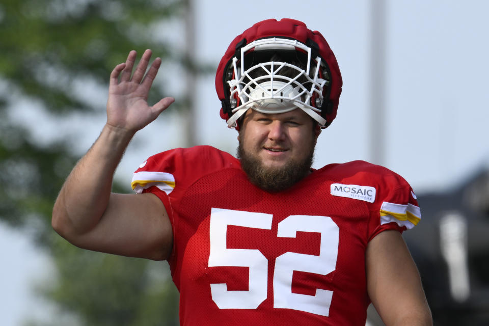 Kansas City Chiefs center Creed Humphrey is the NFL's highest paid center. (AP Photo/Reed Hoffmann)