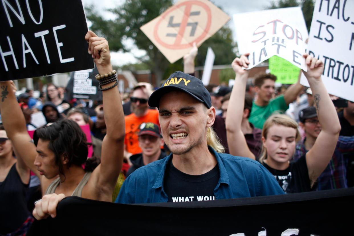 Demonstrators gather at the site of a planned speech by white nationalist Richard Spencer: Brian Blanco/Getty Images