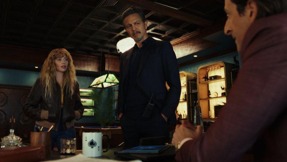 Natasha Lyonne as Charlie Cale, Benjamin Bratt as Cliff Legrand and Adrien Brody as Sterling Frost Jr. in Peacock's &quot;Poker Face.&quot;