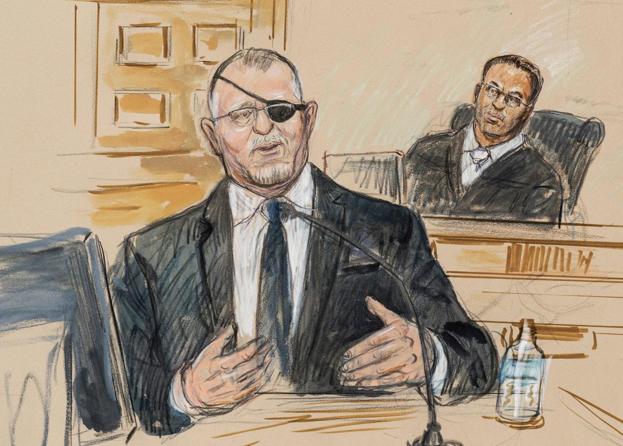 An artist's sketch of Oath Keepers leader Stewart Rhodes on trial in the courtroom of U.S. District Judge Amit Mehta. Rhodes was convicted of seditious conspiracy on Nov. 29.