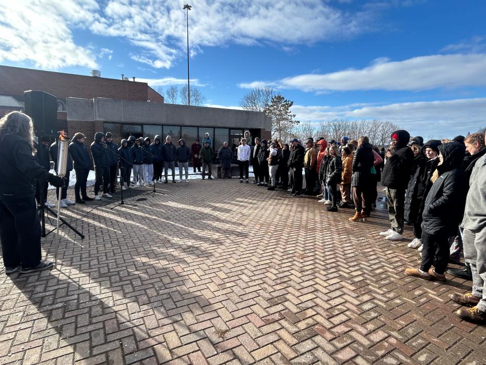 LSSU hockey players address the crowd during the annual Snowman Burning on March 21, 2024.