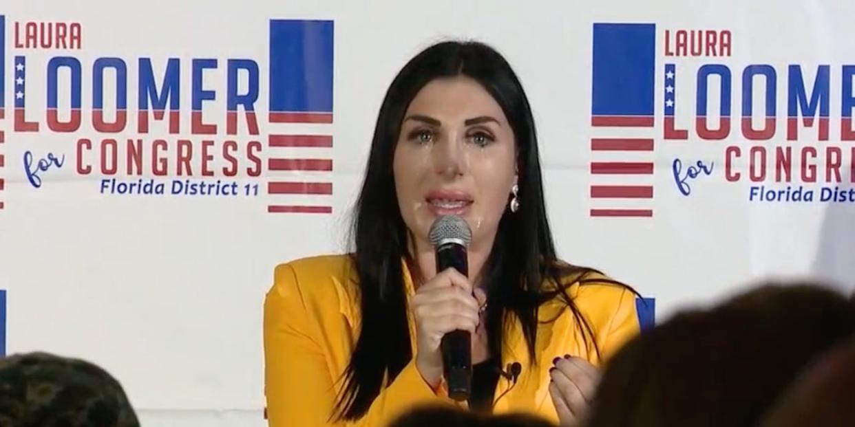 Laura Loomer refusing to concede, crying in a yellow jacket, in Florida's District 11 on August 23, 2022.