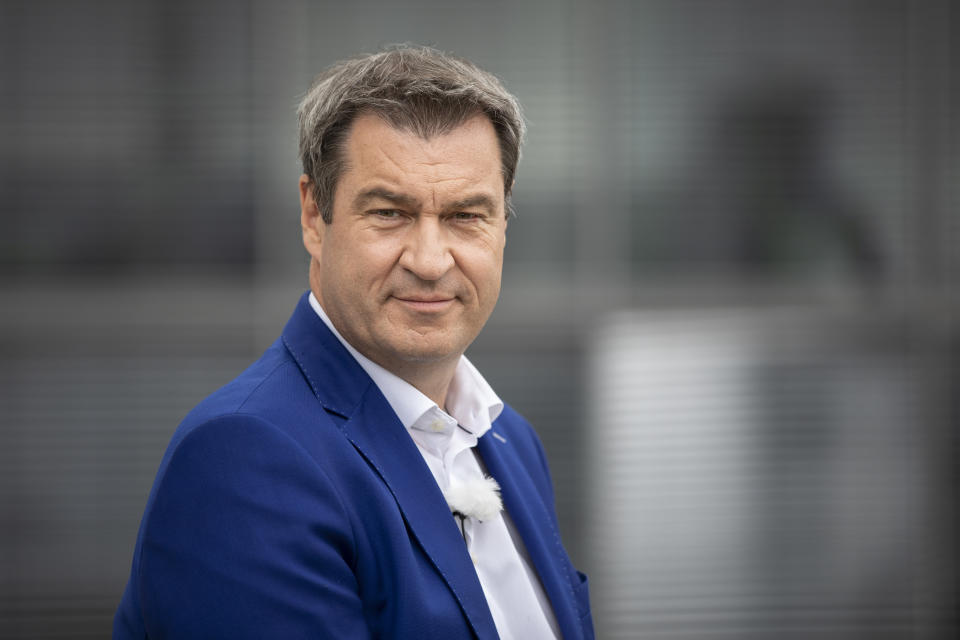 BERLIN, GERMANY - AUGUST 02: Markus Soeder, Governor of Bavaria, looks on during a break of the ARD Summer Interview on August 02, 2020 near the Reichstag Building in Berlin, Germany. Many see him as a strong contender to replace Angela Merkel as a conservative chancellor. (Photo by Maja Hitij/Getty Images)