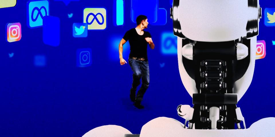 A man running away from social media icons towards a robot