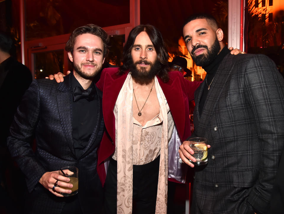 <p>A past winner for <em>Dallas Buyers Club</em>, Leto made the <em>Vanity Fair</em> scene with fellow musicmakers Zedd and Drake. (Photo: Kevin Mazur/VF18/WireImage) </p>
