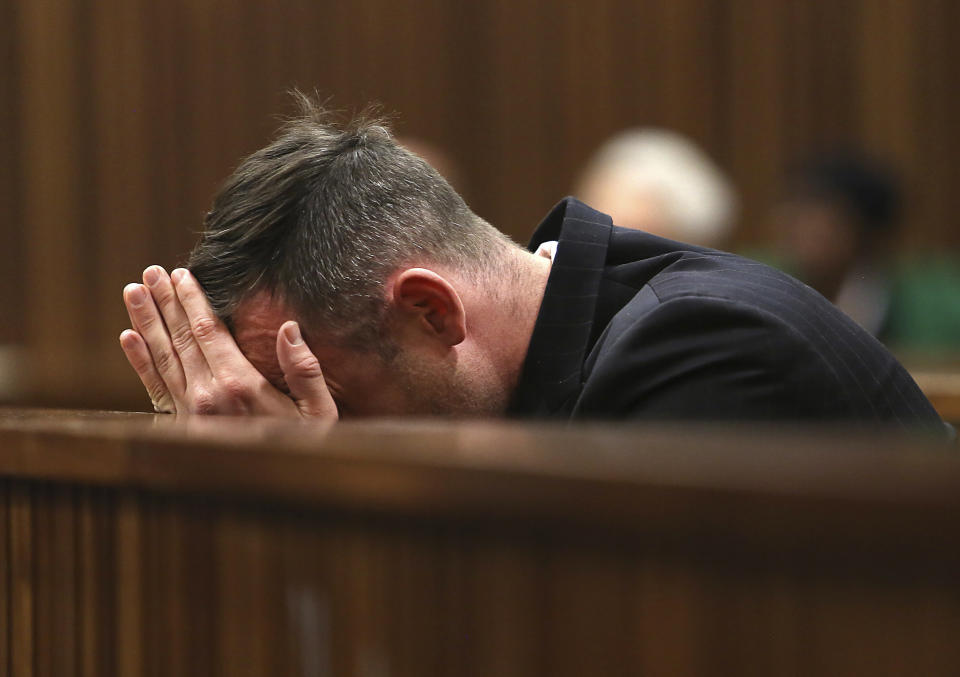FILE — Oscar Pistorius, in the High Court in Pretoria, South Africa, Wednesday, June 15, 2016 during his murder trail.Pistorius shot his girlfriend Reeva Steenkamp more than a decade ago in a Valentine's Day killing that jolted the world and shattered the image of a sports superstar. (AP Photo/Alon Skuy, Pool via AP, File)