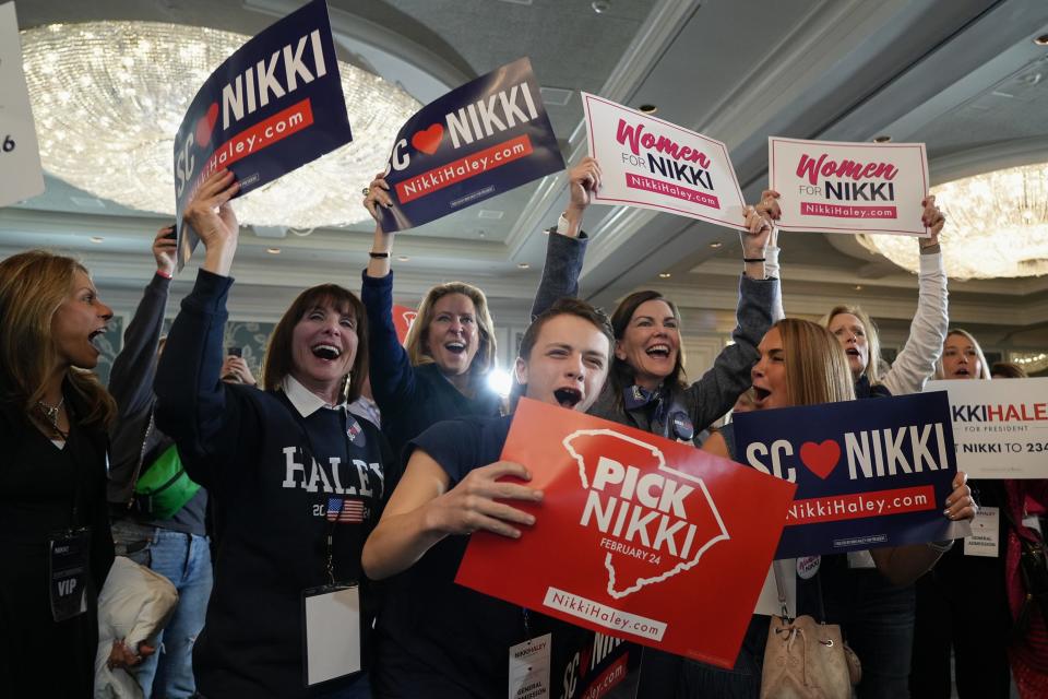 Nikki Haley supporters rally for the Republican presidential candidate and former South Carolina governor after her loss in the state's GOP primary Saturday.