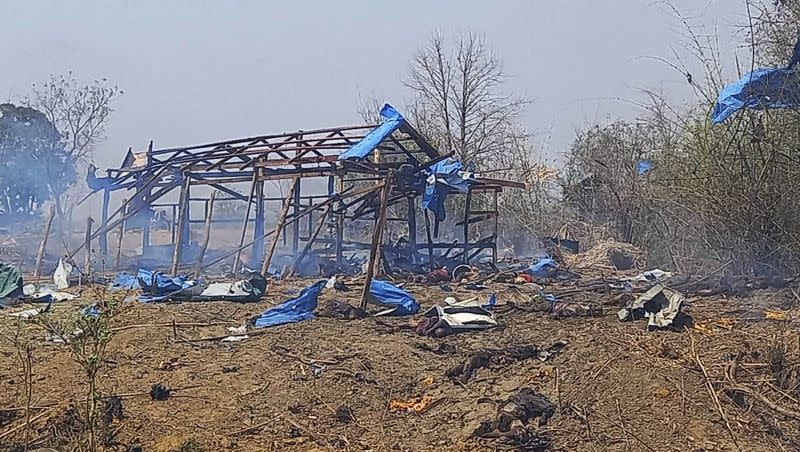 This photo provided by the Kyunhla Activists Group shows aftermath of an airstrike in Pazigyi village in Sagaing Region’s Kanbalu Township, Myanmar, Tuesday, April 11, 2023. Witnesses and independent media reports said dozens of villagers in central Myanmar have been killed in an air attack carried out Tuesday by the Southeast Asian country’s military government.