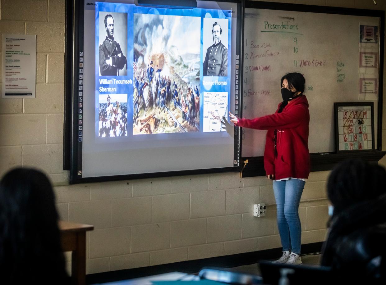 Ximena Garcia gives a presentation on the Civil War during history class at Glencliff High School on Nov. 29.