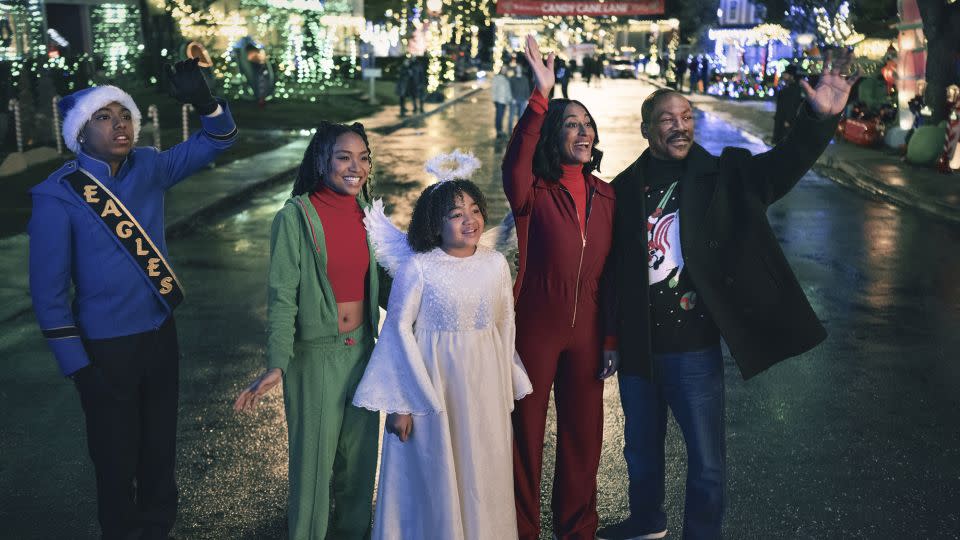 (from left) Thaddeus J. Mixson, Genneya Walton, Madison Thomas, Tracee Ellis Ross and Eddie Murphy in "Candy Cane Lane." - Claudette Barius/Prime