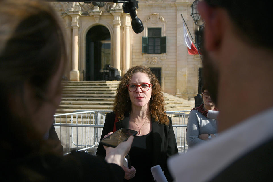 EU special enjoy Sophia in 't Veld is seen talking to the press outside Castille, in Valletta, Malta, Tuesday, Dec. 3, 2019, after a short meeting with the Prime Minister of Malta Joseph Muscat after an investigation into the murder of leading investigative journalist Daphne Caruana Galizia implicated Prime Minister Joseph Muscat’s chief of staff. Sophia in ‘t Veld said outside the prime minister’s office that "it is difficult to see how credibility of the office can be upheld.” (AP Photo/Rene Rossignaud)