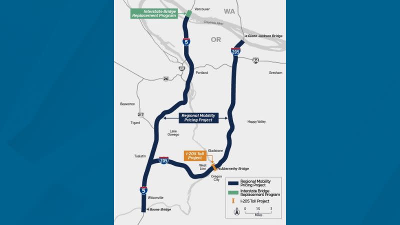 A map showing the proposed toll projects within the Portland metro region, October 12, 2023 (ODOT)