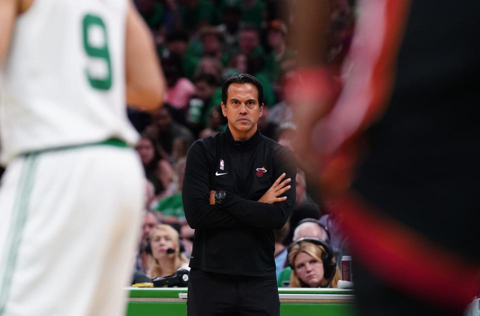 Miami Heat coach Erik Spoelstra watches from the sideline in the second half of Game 3 of the Eastern Conference finals against the Boston Celtics at TD Garden.