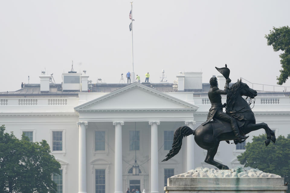 Smoke from Canadian wildfires obscures the view of the White House in Washington, Thursday, June 8, 2023. (AP Photo/Susan Walsh)