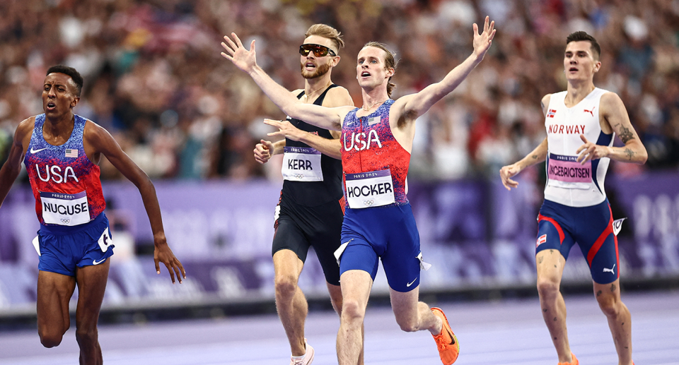 Cole Hocker caused a massive upset by upstaging 1500m favourites Jakob Ingebrigtsen and Josh Kerr to claim gold at the Olympics. Pic: Getty