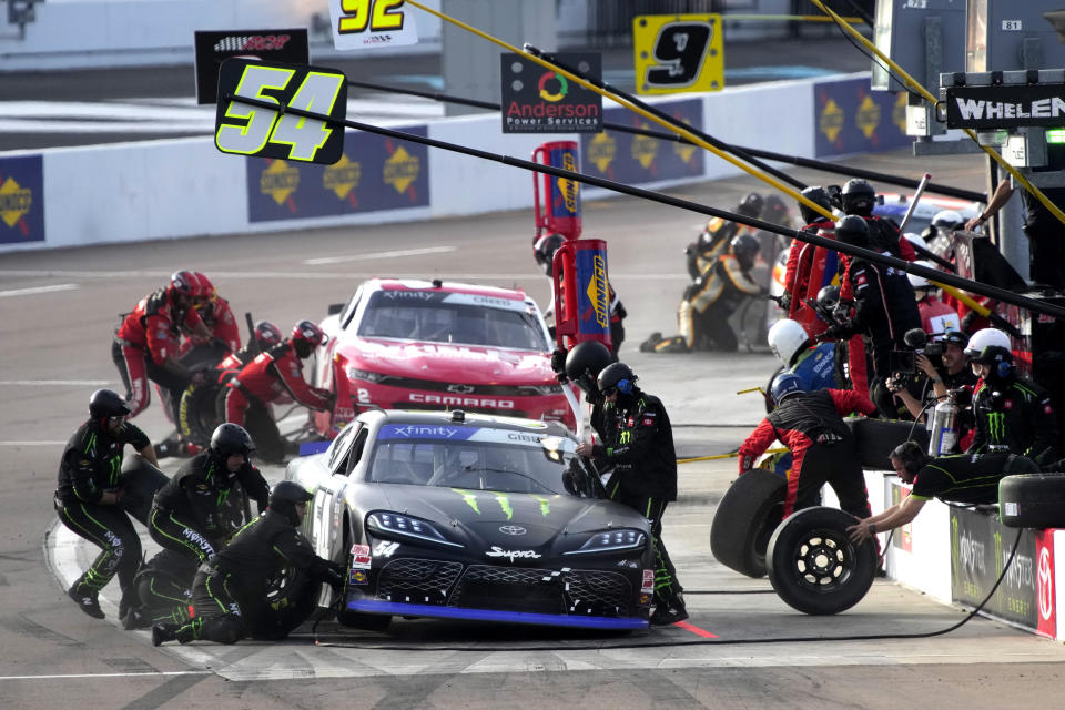 Ty Gibbs (54) pits during the NASCAR Xfinity Series auto race Saturday, Nov. 5, 2022, in Avondale, Ariz. (AP Photo/Rick Scuteri)