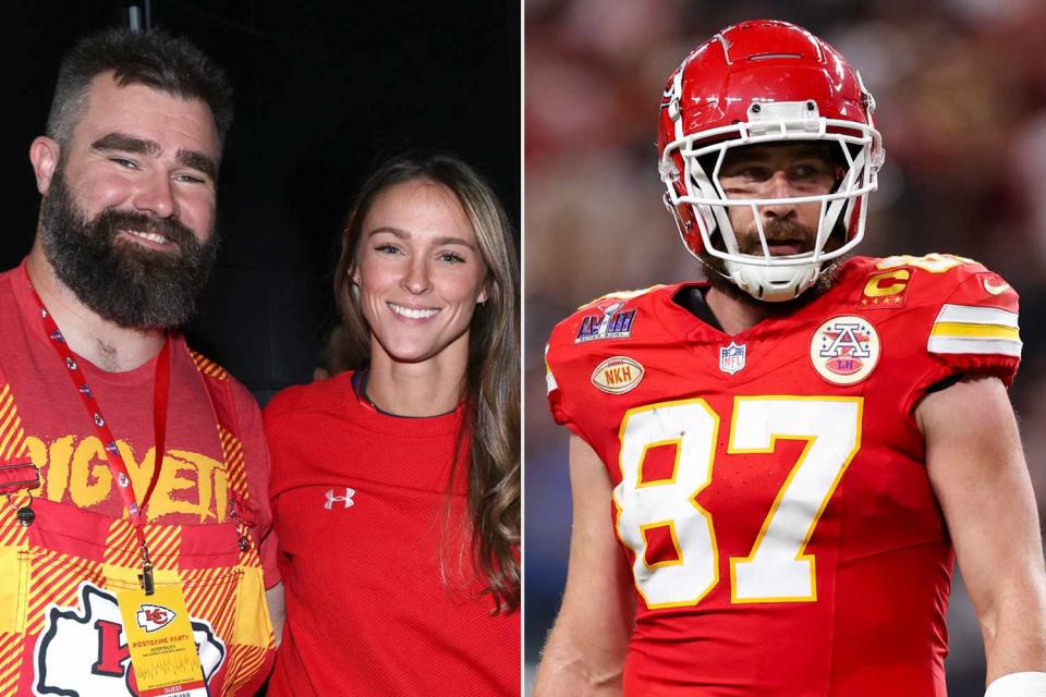 <p>AP Photo/Mark Von Holden; Perry Knotts/Getty</p> Jason and Kylie Kelce (left) and Travis Kelce (right)