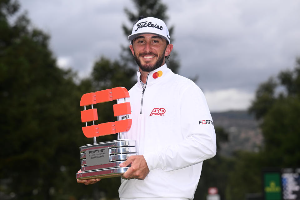 Seen here, Max Homa celebrates with the trophy after winning the Fortinet Championship at Silverado Resort in Napa, California.