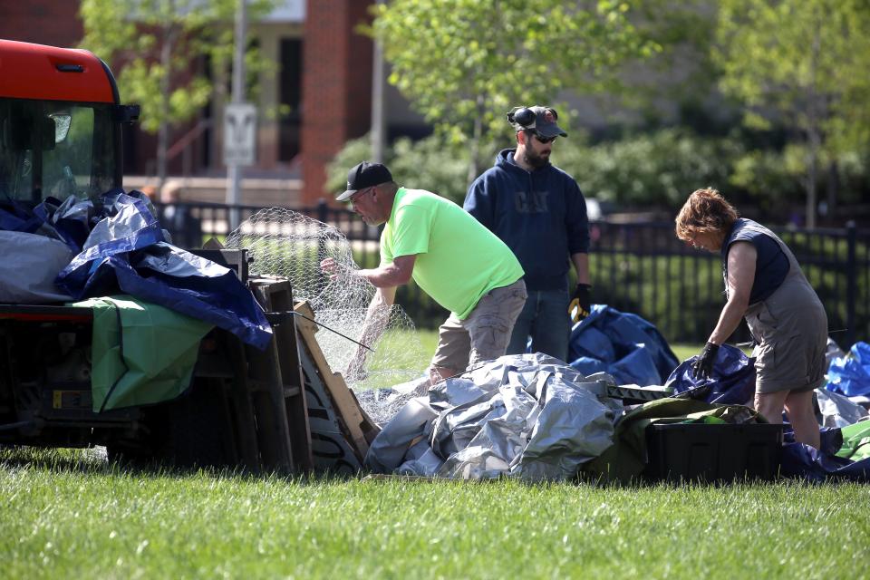 The beginnings of an encampment allegedly protesting the Israel-Hamas war was cleared Monday, May 6, 2024 at Hubbard Park on the University of Iowa campus in Iowa City, Iowa.