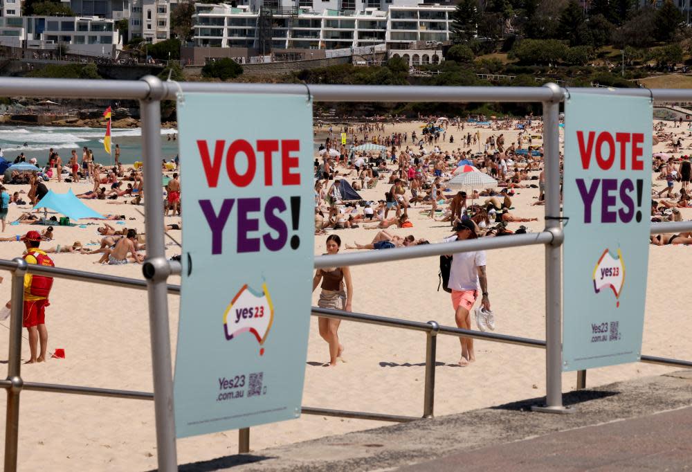 Vote yes campaign advertising signs with Bondi Beach seen behind