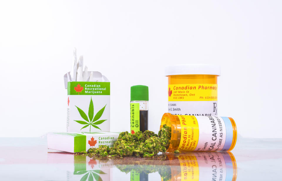 An assortment of legal Canadian cannabis products on a counter.