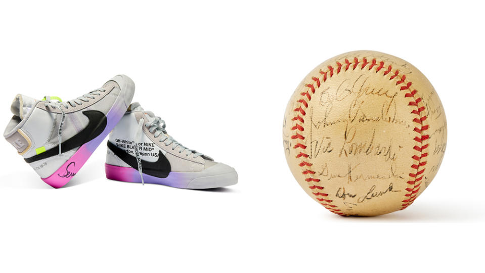 Serena Williams’s Off White x Nike sneakers by Virgil Abloh and a baseball signed by legends Jackie Robinson and Babe Ruth in the auction - Credit: Sotheby's