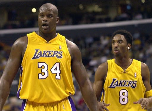 Shaquille O'Neal, left, says he and former Los Angeles Lakers teammate Kobe Bryant, right, who died in a helicopter crash Sunday, were "the best duo ever created" in the NBA, having won three titles together before a 2004 split