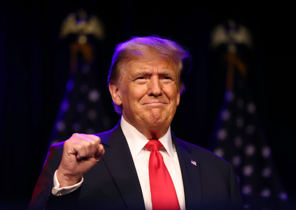 Former U.S. President Donald Trump greets supporters at his caucus night watch party at the Treasure Island Hotel & Casino on February 8, 2024, in Las Vegas, Nevada.  (Photo by Mario Tama/Getty Images)