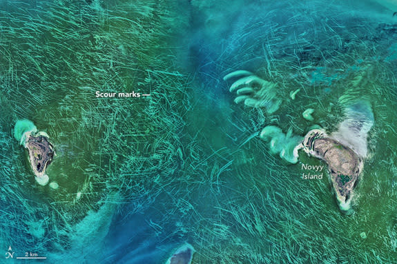 Strange scour marks are visible on the bottom of the North Caspian Sea in this image acquired by the Landsat 8 satellite on April 16, 2016.