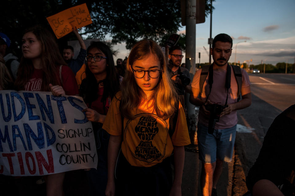 Protesters march to the Kay Bailey Convention center where the NRA annual meeting is being held on May 4. (Photo: Joseph Rushmore for HuffPost)
