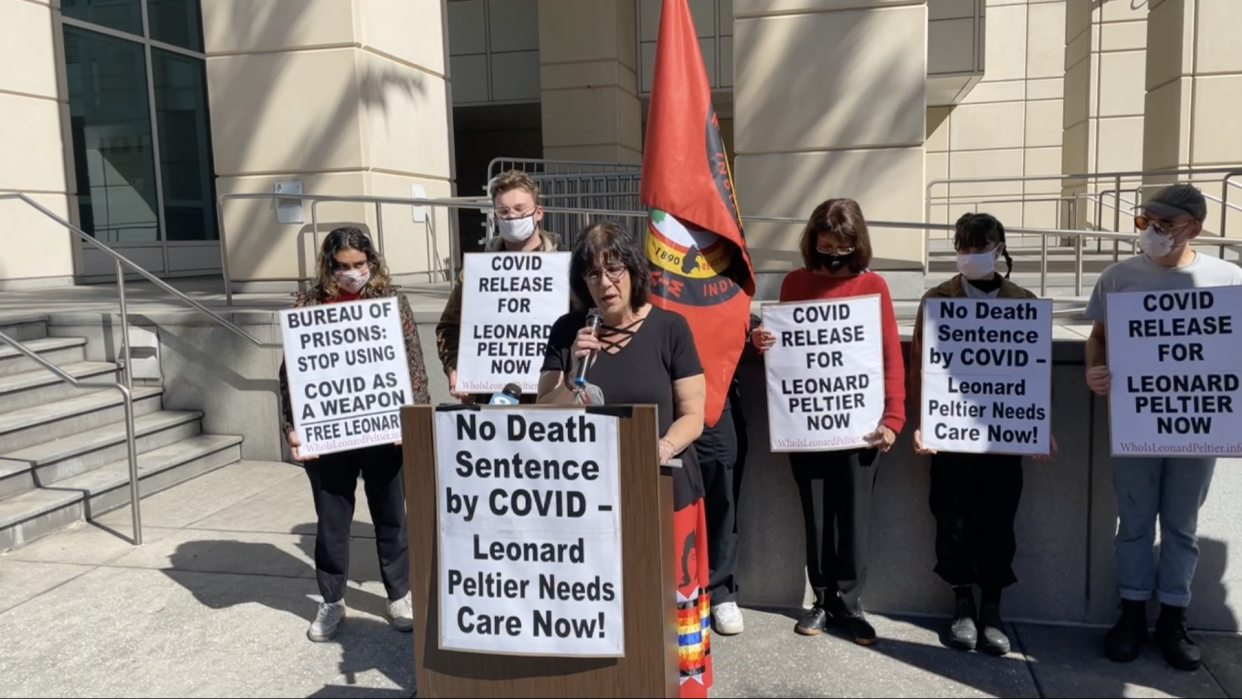 Carol Gokee, co-director of the International Leonard Peltier Defense Committee, addresses the media on Monday, January 31, at the Sam Gibbons United States Courthouse in Tampa, Florida after Leonard Peltier tested positive for COVID-19 on Friday. (Screenshot of press conference)