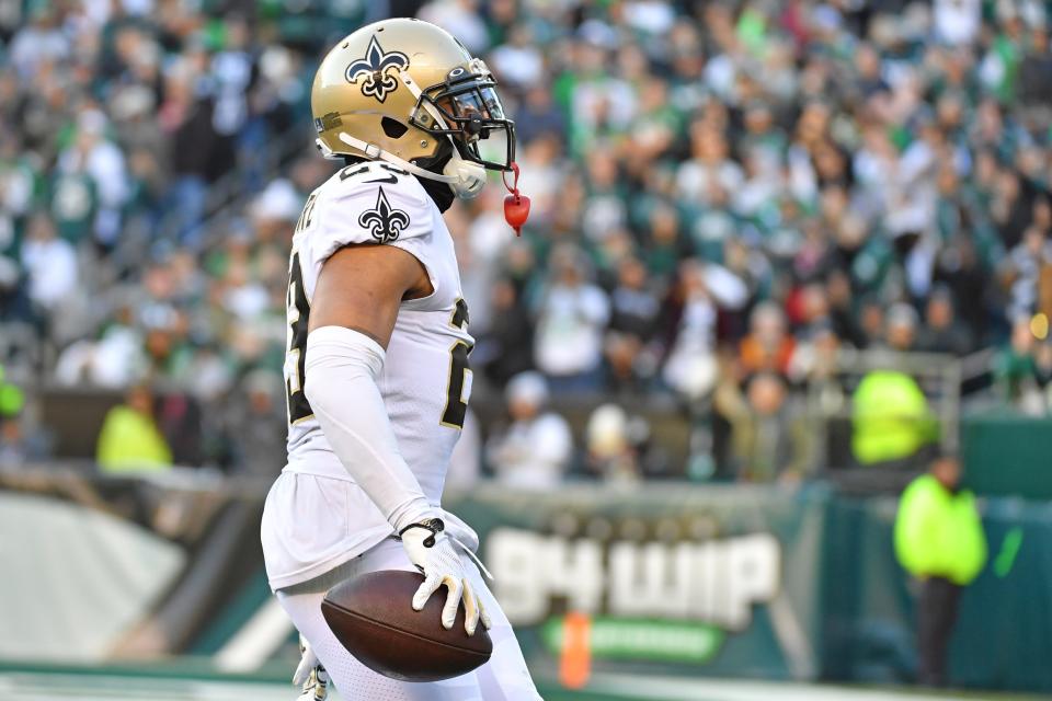 Jan 1, 2023; Philadelphia, Pennsylvania, USA; New Orleans Saints cornerback Marshon Lattimore (23) celebrates his interception return for a touchdown during the fourth quarter against the Philadelphia Eagles at Lincoln Financial Field. Mandatory Credit: Eric Hartline-USA TODAY Sports