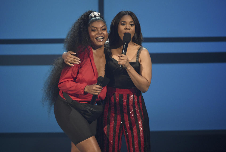 Taraji P. Henson, left, and host Regina Hall appear on stage at the BET Awards on Sunday, June 23, 2019, at the Microsoft Theater in Los Angeles. (Photo by Chris Pizzello/Invision/AP)