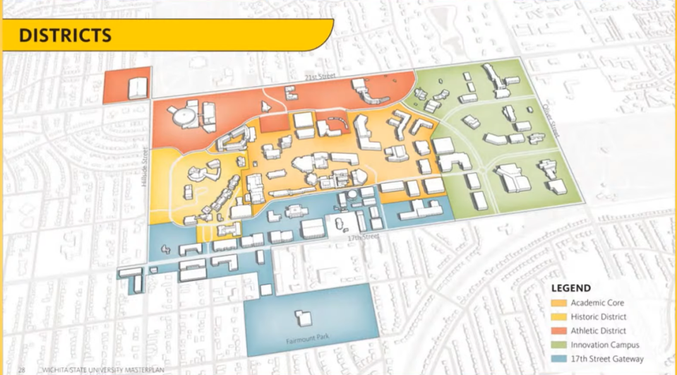 A glance at what Wichita State University could look like 10 years from now. This 10-year master plan map shows Wichita State’s campus divided into five districts: an academic core, a historic district, an athletic district, the Innovation Campus, and a gateway between 17th Street and WSU.