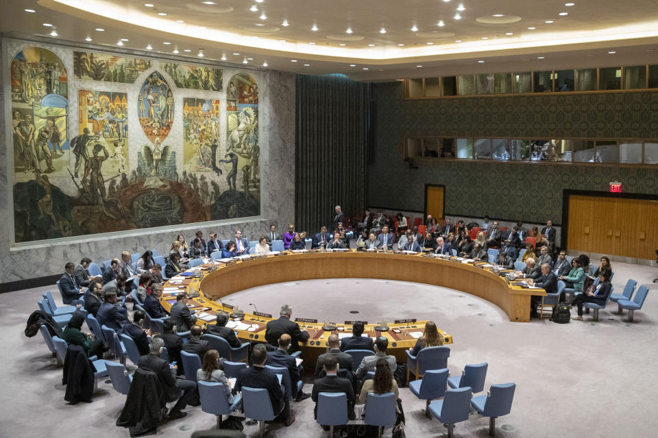 The UN Security Council holds a meeting on the Middle East, including the Palestinian question, Wednesday, Nov. 20, 2019 at United Nations headquarters. (AP Photo/Mary Altaffer)